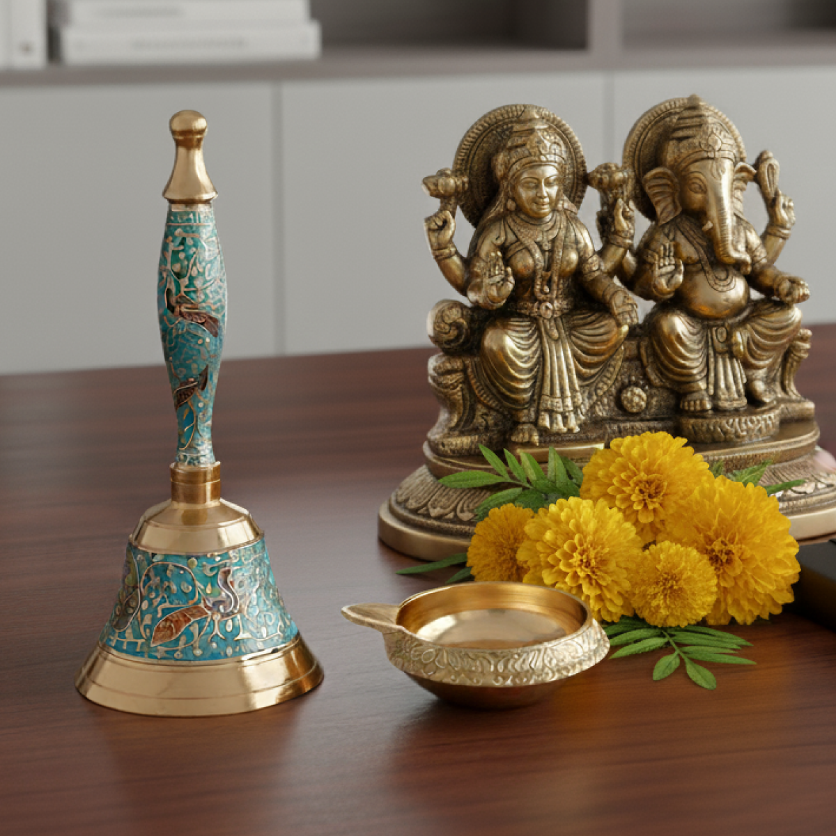 Handcrafted Brass Bell & Diya Set – Traditional Peacock Design