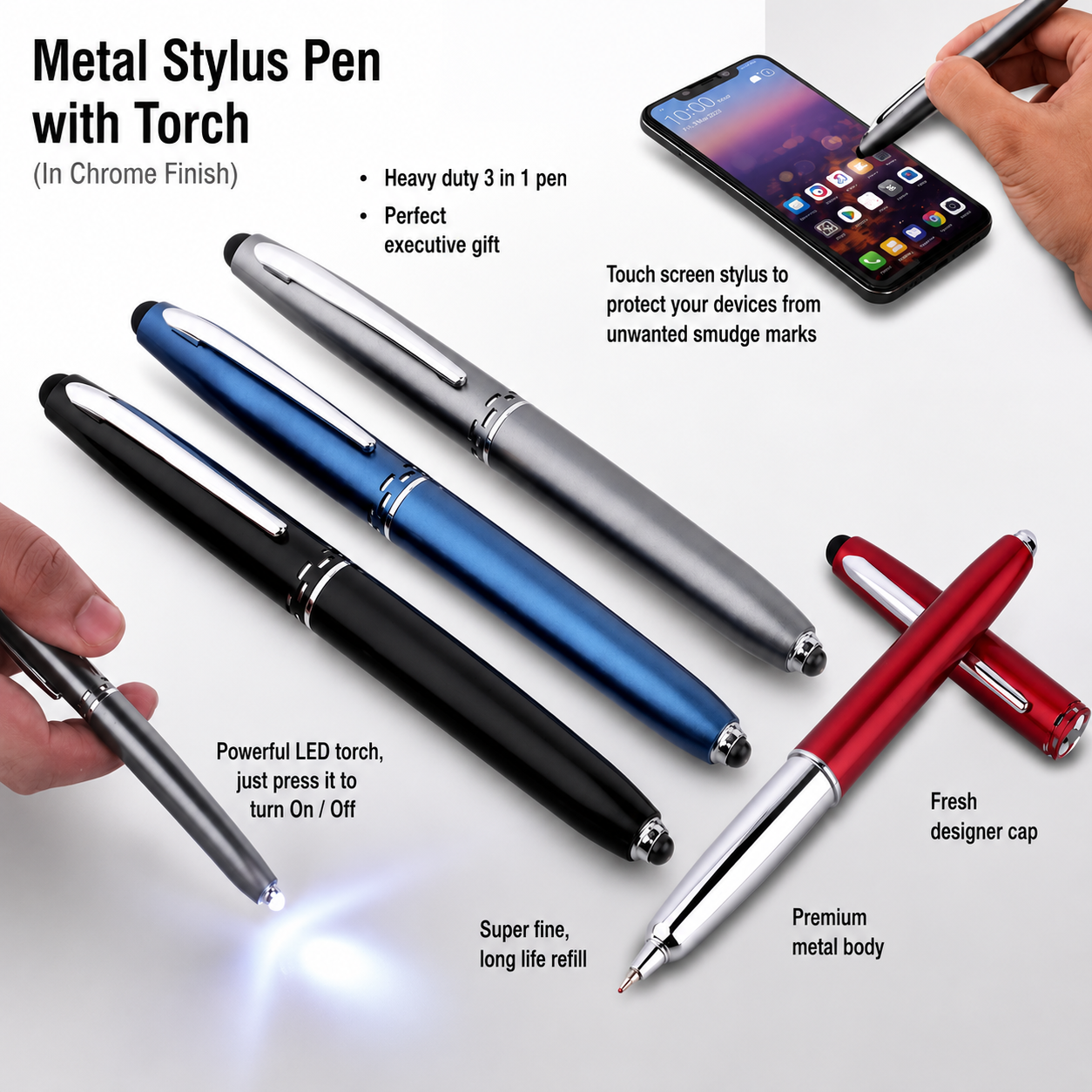 Metal stylus pen with torch on a white background