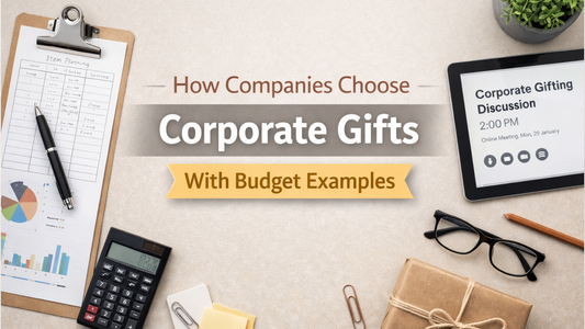 how companies choose corporate gifts with budget examples professional workspace flat lay