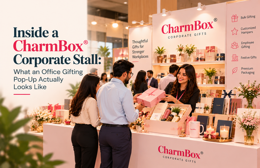 CharmBox corporate stall pop-up with gift items at an office event