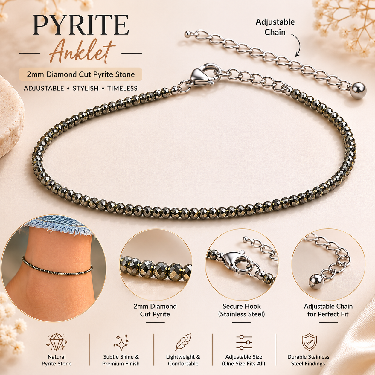 Pyrite anklet with adjustable chain on a beige background