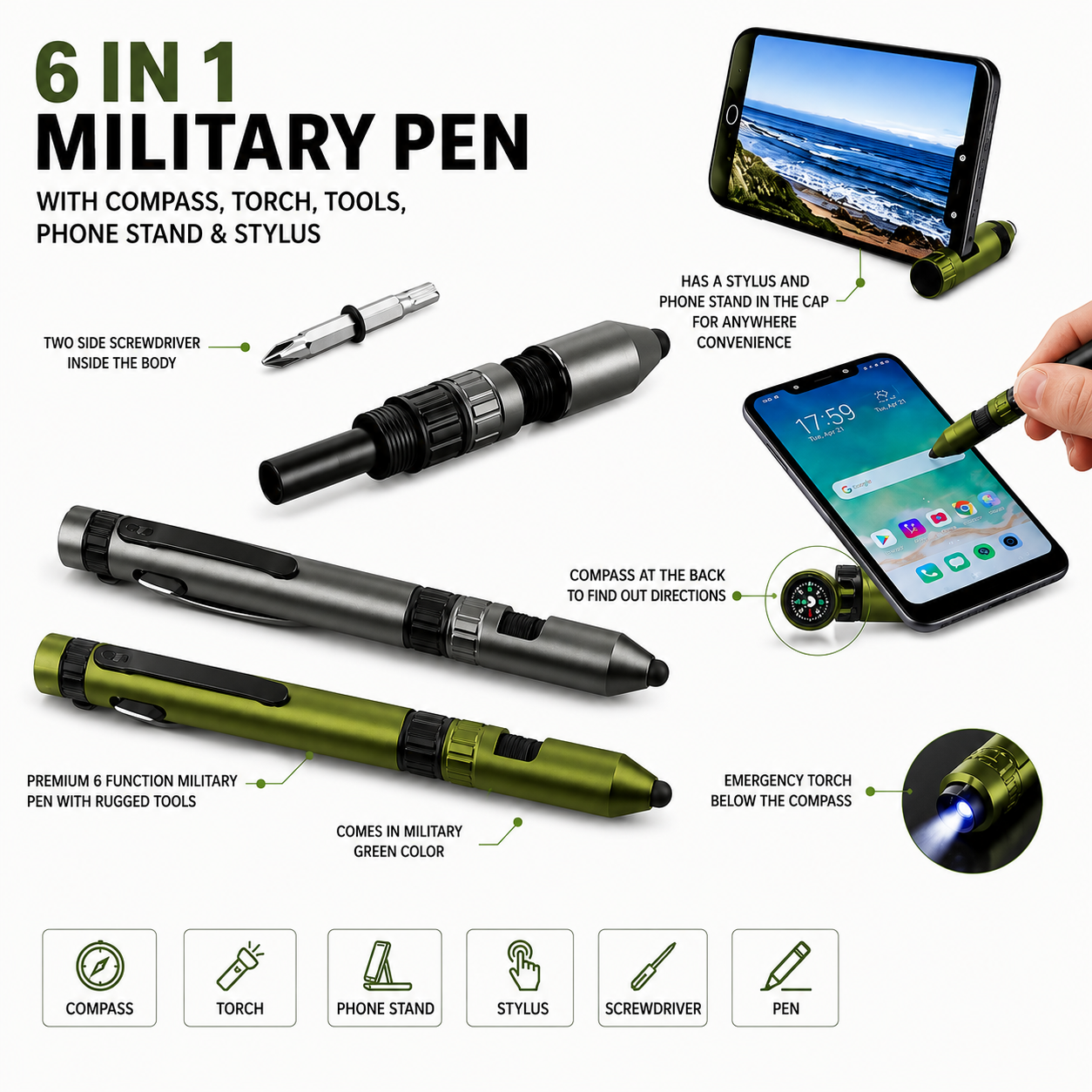6 in 1 Military Multi Tool Pen with Torch, Compass & Stylus