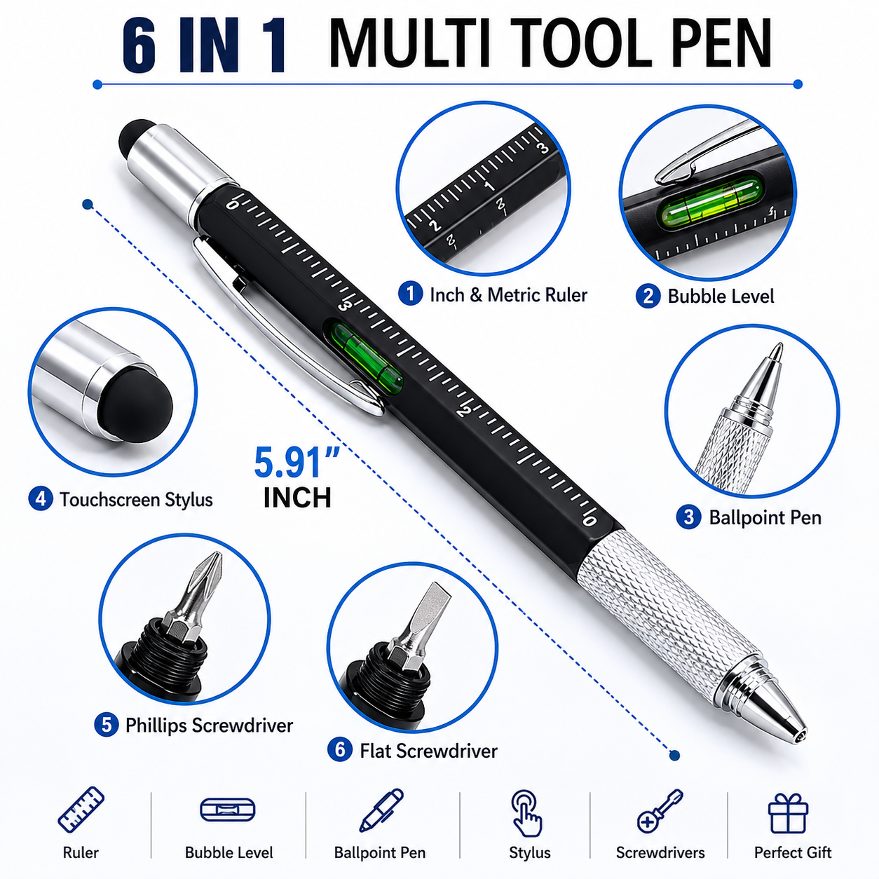 6-in-1 multi-tool pen with various functions on a white background