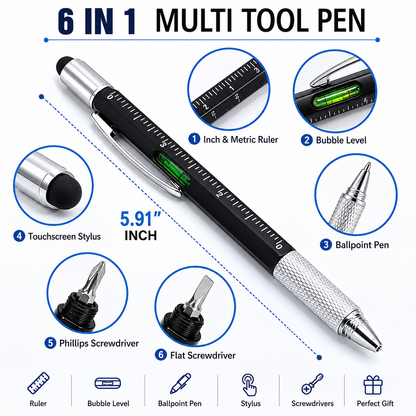6-in-1 multi-tool pen with various functions on a white background