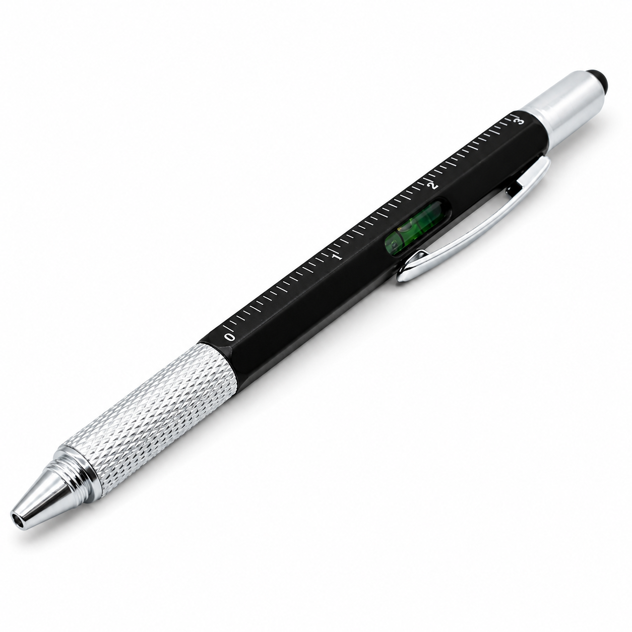 Multifunctional pen with ruler and level on a white background