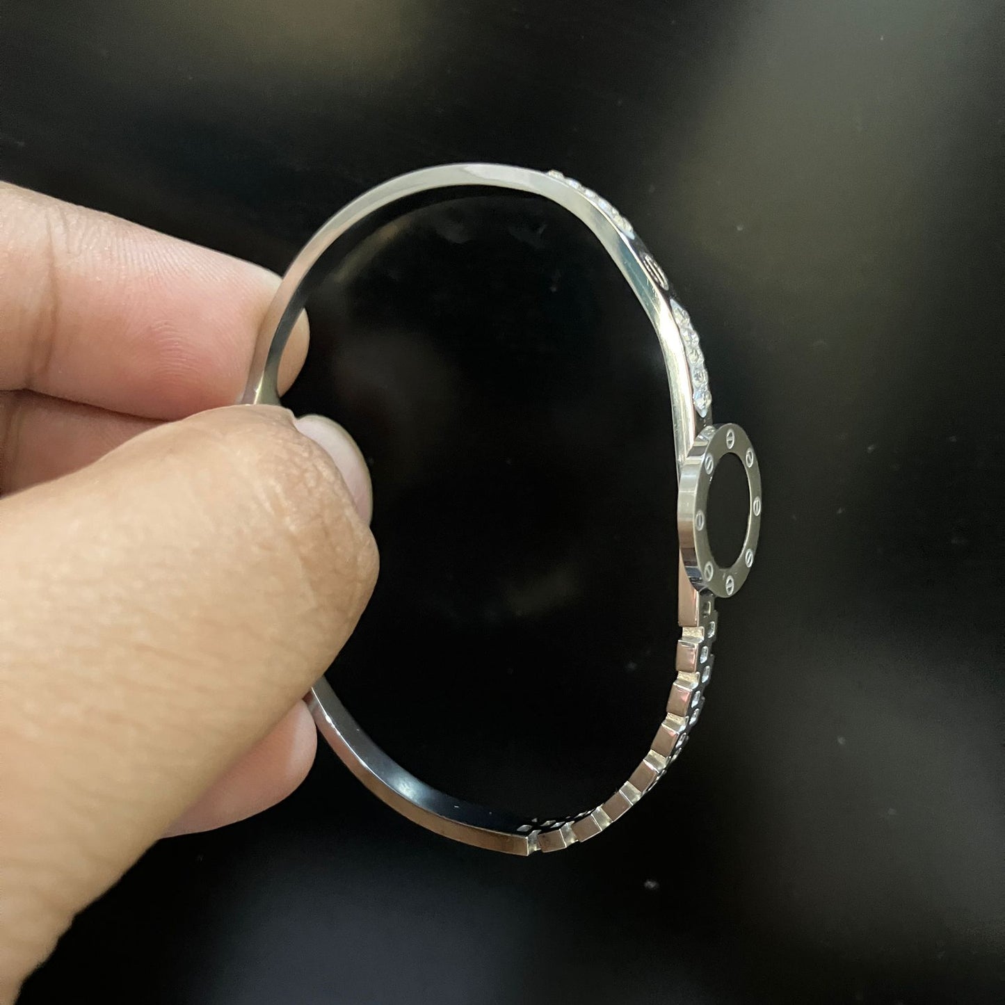 Elegant Silver Crystal Bracelet with Black Center Stone