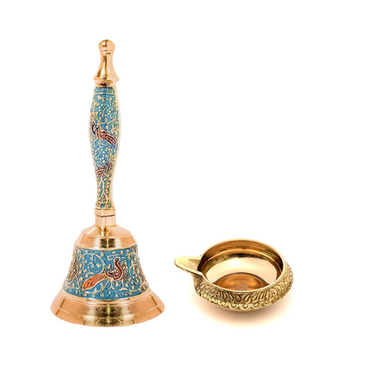 Handcrafted Brass Bell & Diya Set – Traditional Peacock Design