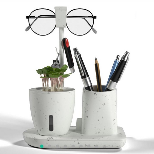 Multifunctional Desk Organizer: Pen Stand with Self-Watering Plant Pot & Glasses Holder for Study Table