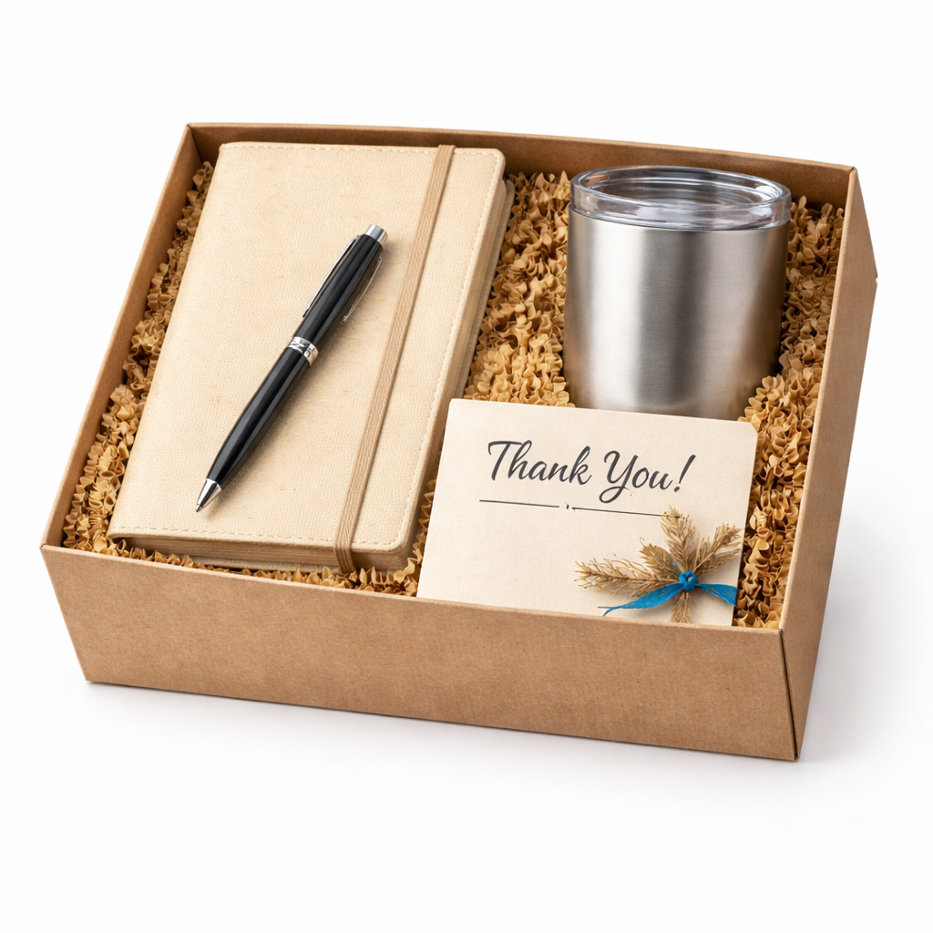 Gift set with notebook, pen, and tumbler in a box on a white background