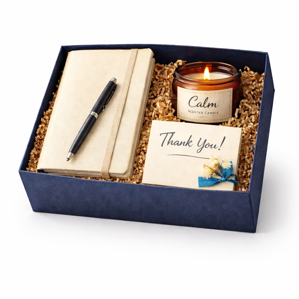 Gift set with notebook, pen, candle, and card in a box