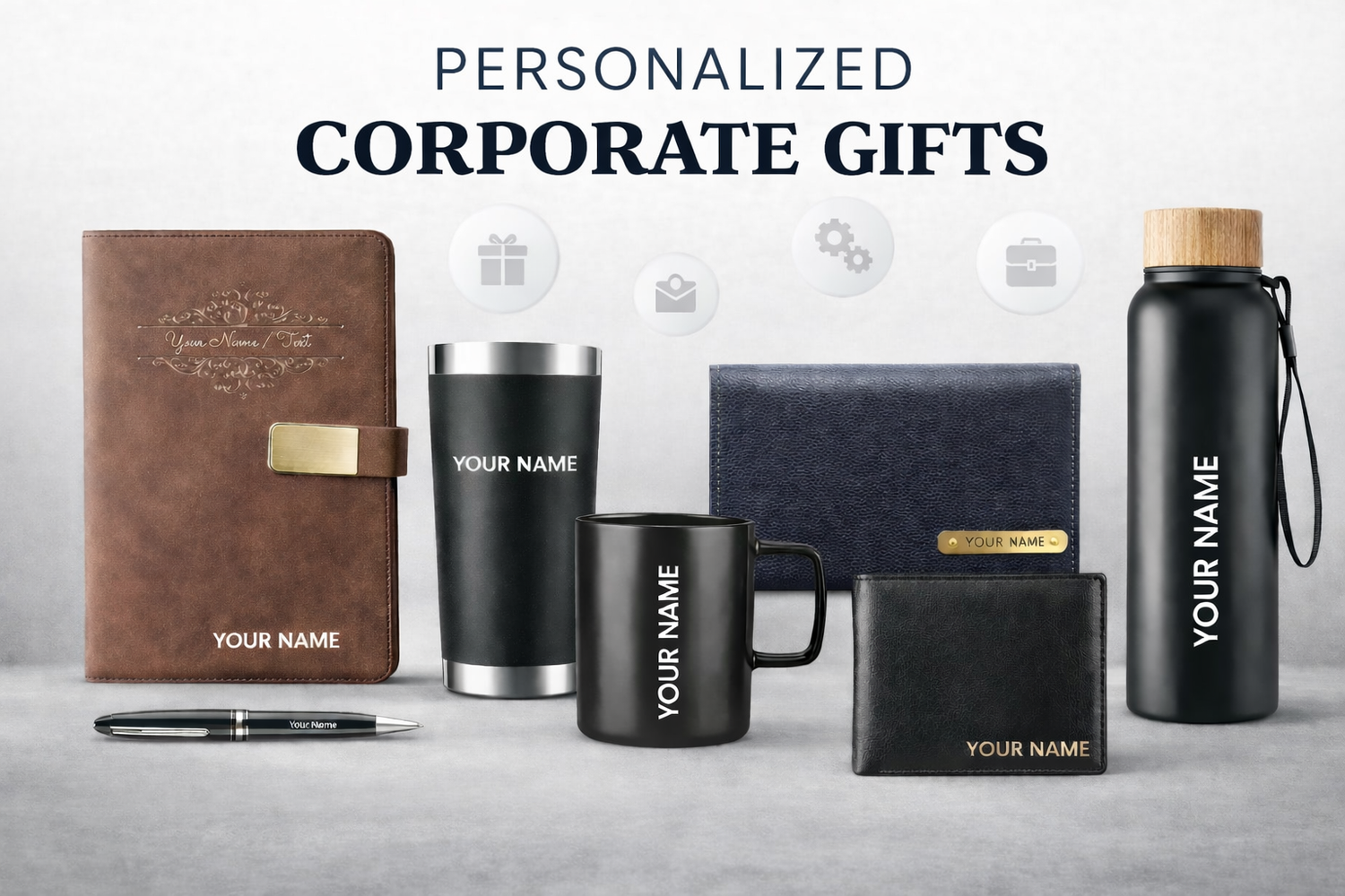 Collection of personalized corporate gifts including a notebook, tumblers, mug, wallet, and water bottle on a light gray background.