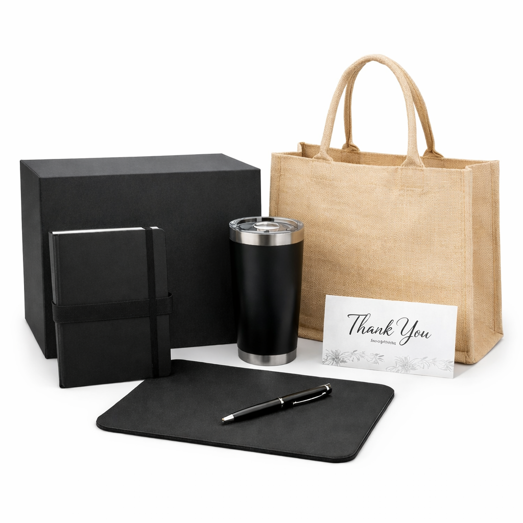 Gifting set with black notebook, tumbler, pen, mouse pad, and jute bag on a white background