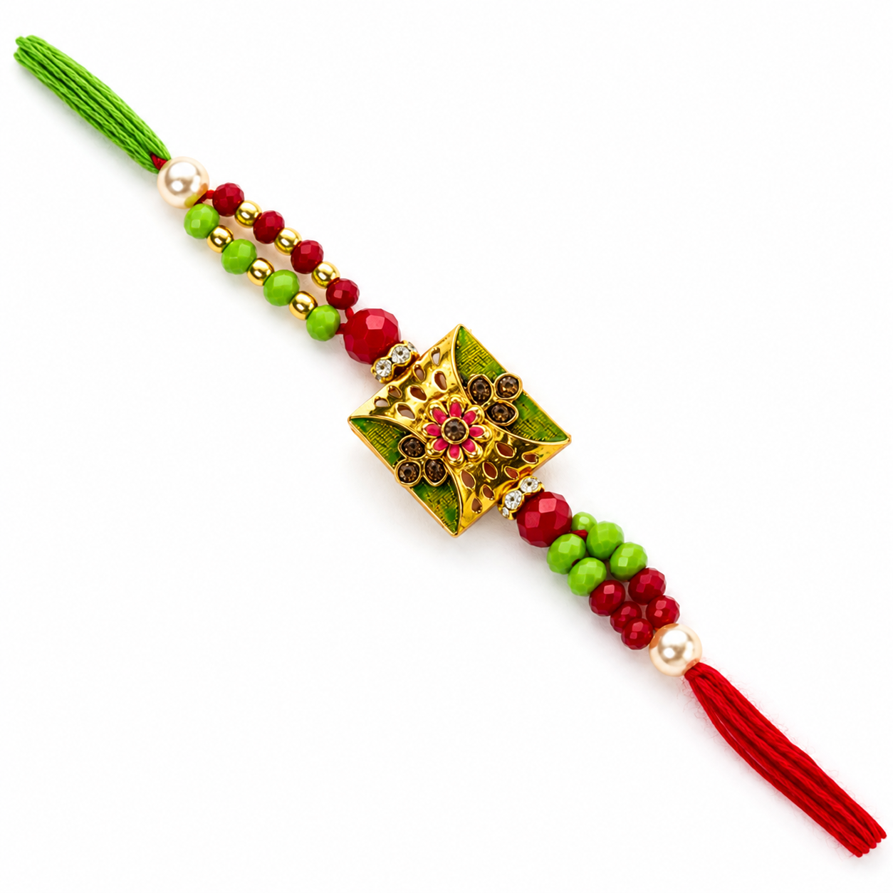 Square Floral Designer Rakhi with Pearl & Crystal Beads