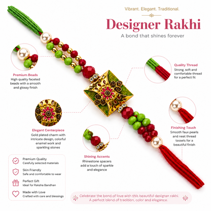 Square Floral Designer Rakhi with Pearl & Crystal Beads