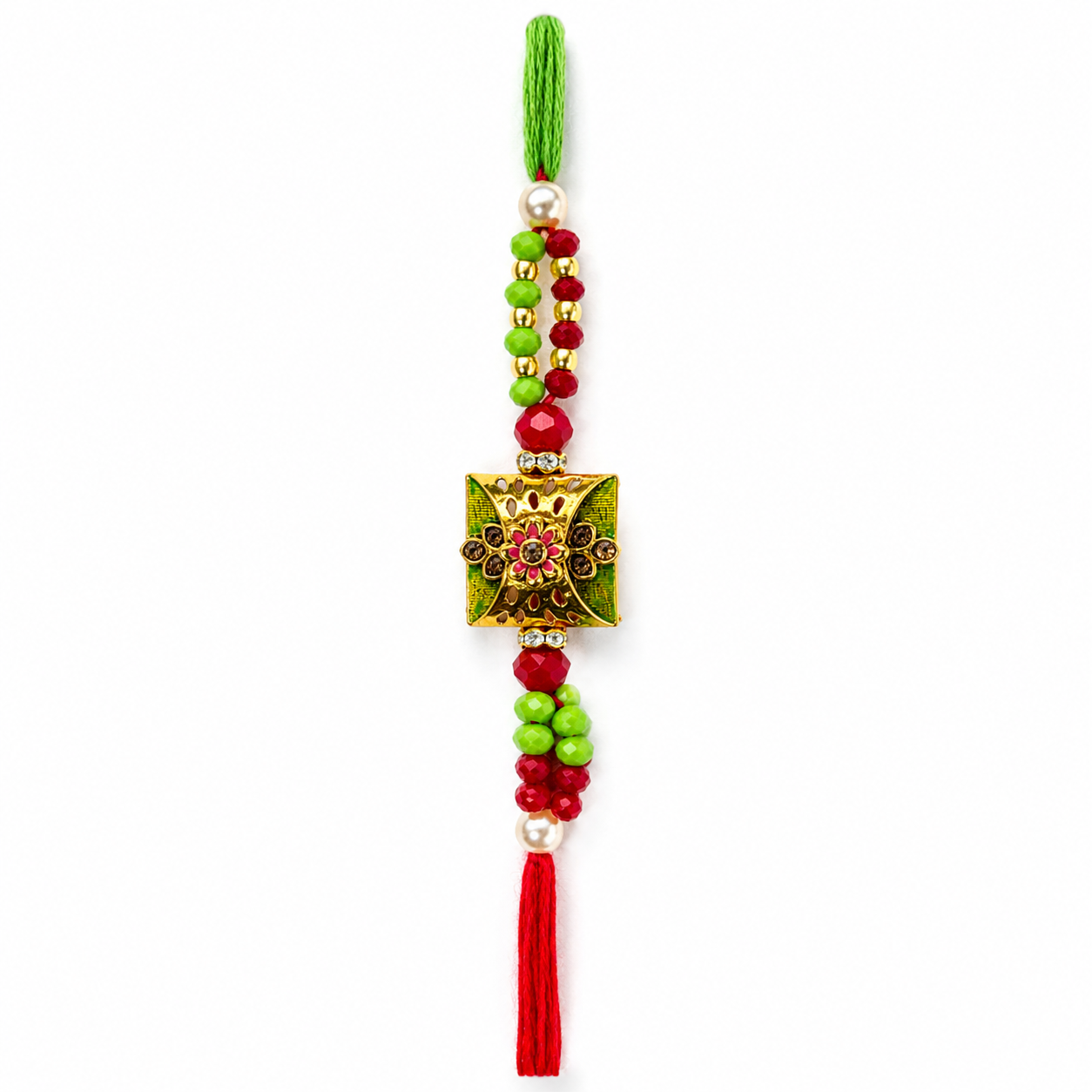 Square Floral Designer Rakhi with Pearl & Crystal Beads