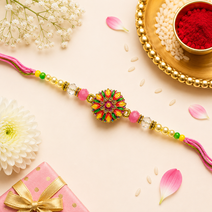 Floral Designer Rakhi with Pearl & Crystal Beads