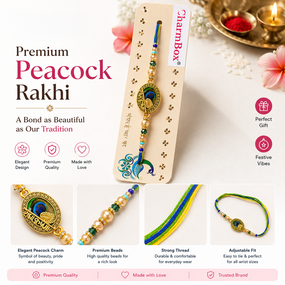 Peacock-themed beaded wrist chain/rakhi displayed on a cream branded card, with promotional text and close-up detail panels. The product features peacock feather motifs, gold-toned beads, and blue/yellow string accents.