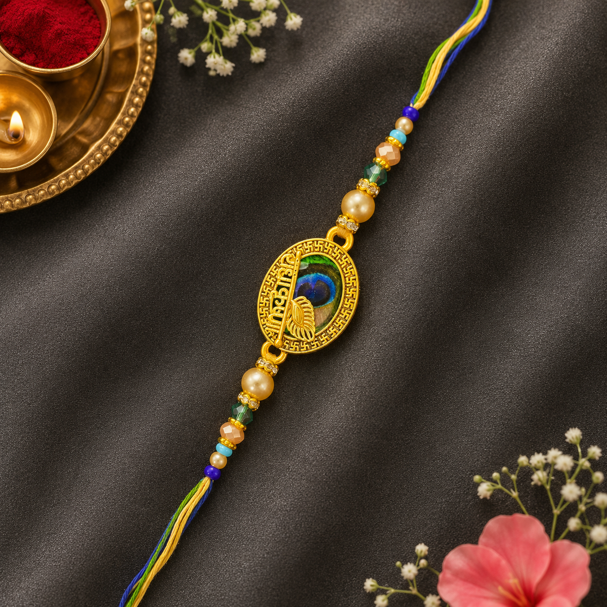 A gold-plated peacock-themed Rakhi bracelet with colorful braided cords and pearl-like beads, displayed on a dark satin fabric with decorative floral and diya props.