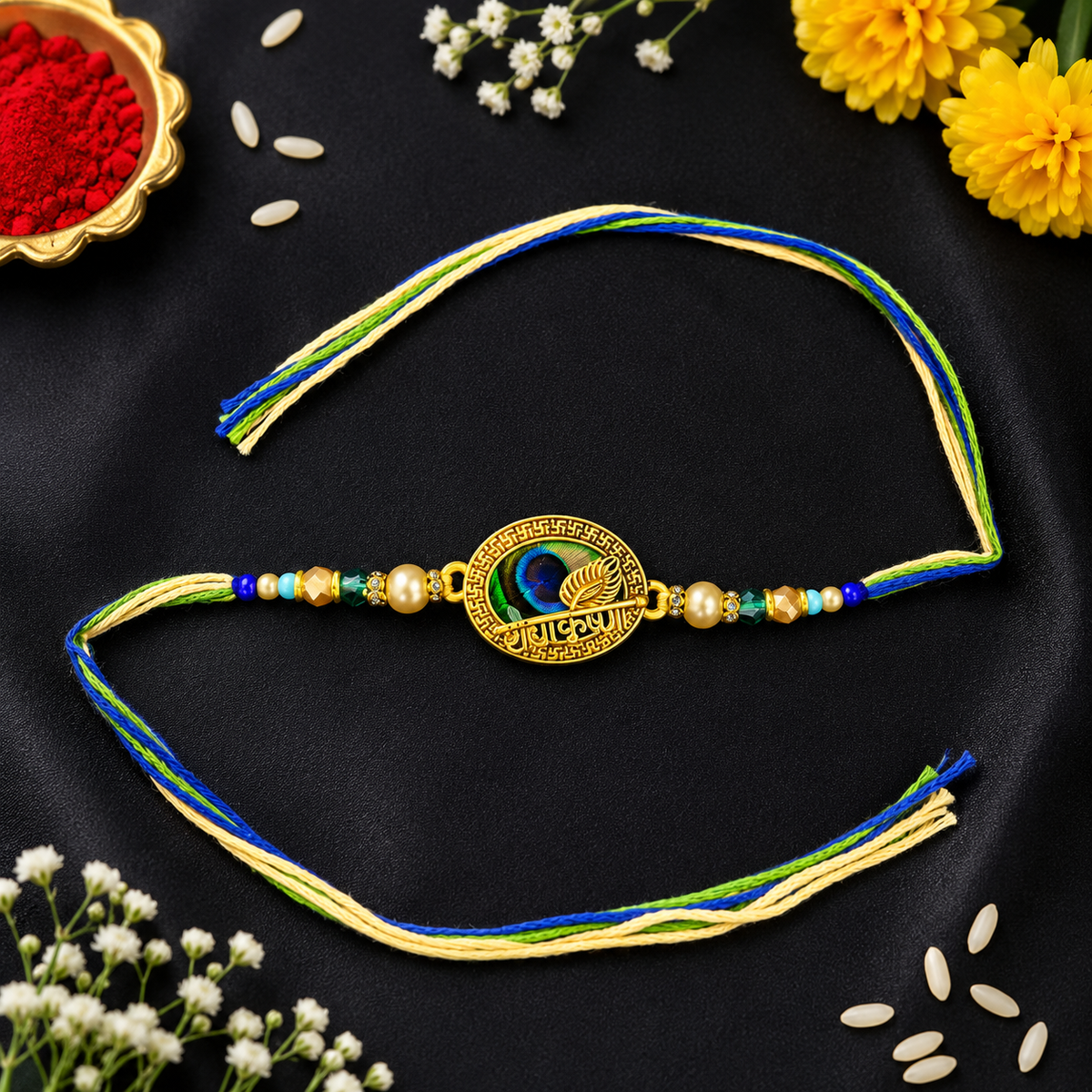 A gold-plated brass Lakshmi pendant with blue and green thread-wrapped strings, displayed on a black satin fabric with decorative flowers and a bowl of red powder.